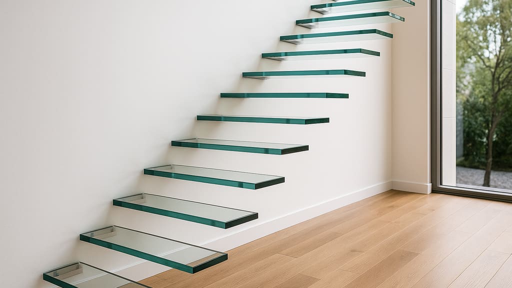 מדרגות מרחפות עשויות זכוכית, המקרינות עיצוב מודרני.