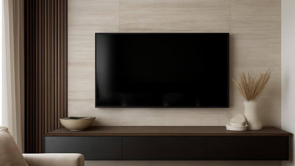 קיר טלוויזיה מודרני עם שילוב חומרים ועיצובים מודרניים בסלון