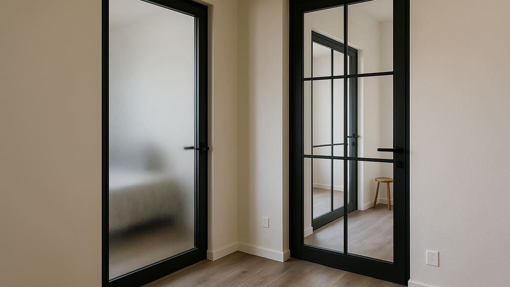 דלת פנים זכוכית בחלל מודרני, אור טבעי משתקף בחלון