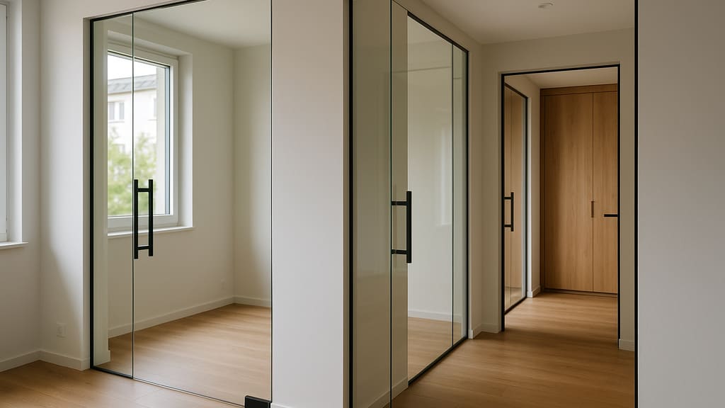 קבוצה של דלתות זכוכית מודרניות בשלל עיצובים בחלל פנים מואר