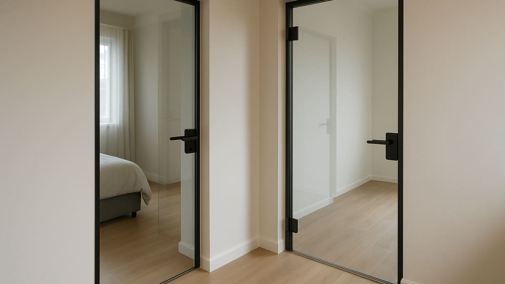 חלל כניסה מודרני עם דלת זכוכית שקופה ומסגרת אלומיניום