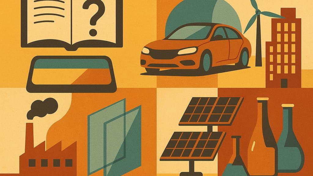 תרשים מידע על יישומי PVB עם סמלים של תעשיות שונות וטקסט מסביר.